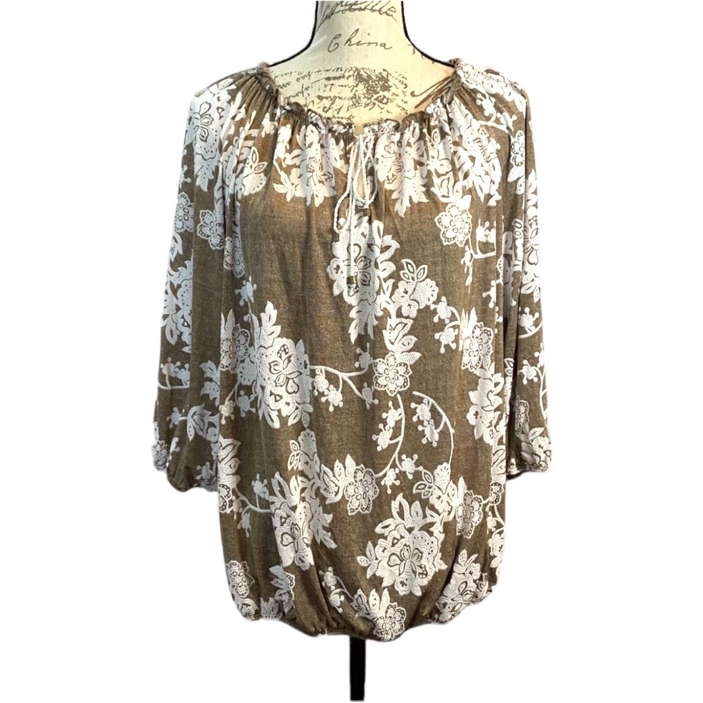 Perception Concept Taupe Long Sleeve Textured Blouse Elastic Neckline‎